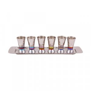 Yair Emanuel Six Hammered Aluminum Kiddush Cups with Tray - Multicolor Bands
