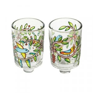 Yair Emanuel Pair of Stained Glass Colors Candle Holders - Birds