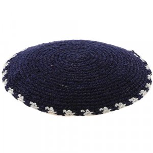 Blue DMC Knitted Kippah with White and Blue Border