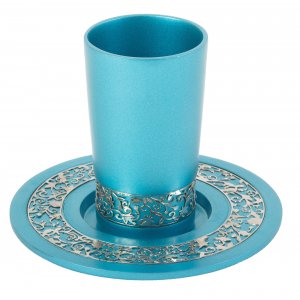 Yair Emanuel Kiddush Cup and Plate, Silver Pomegranate Overlay - Turquoise