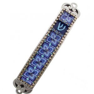 Iris Design Handcrafted Pewter and Enamel Beaded Mezuzah Case, Blue - Flowers