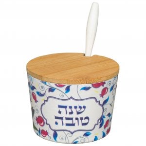 Rosh Hashanah Bamboo Honey Dish with Red and Blue Pomegranate Design – Lid and Spoon