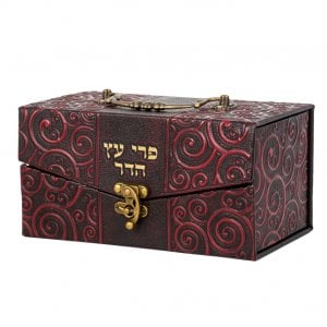 Faux Leather Decorated Brown Chest Etrog Box with Clasp lock