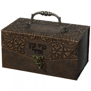 Faux Leather Brown Chest Etrog Box with Ornate Design - Hebrew wording