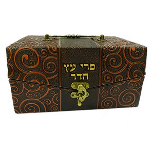 Faux Leather Brown Chest Etrog Box with Ornate Metal Clasp - Hebrew wording