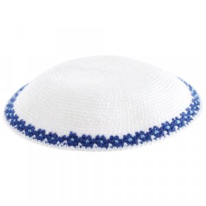 White DMC Knitted Kippah with Elegant Thin Blue Border Design