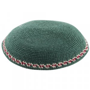 Green DMC Knitted Kippah with White and Red Border Design