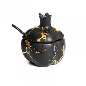 Pomegranate Shaped Honey Dish, Lid and Spoon - Black with Gold Streaks