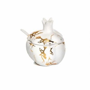 Pomegranate Shaped Honey Dish, Lid and Spoon - White with Gold Streaks