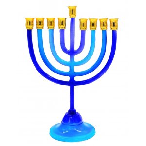 Various Shades of Blue Chanukah Menorah on Stem, Aluminum - For Candles