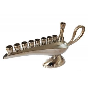 Small Aladdin Lamp Pewter Chanukah Menorah, For Candles - 7 Inches