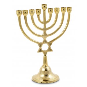 Gold Brass Chanukah Menorah with Star of David, For Candles - 9 Inches