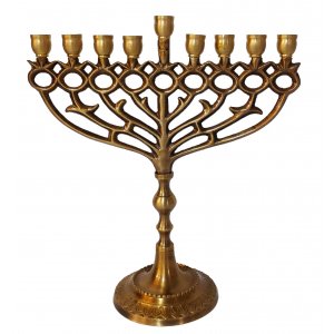 Antique Gold Chanukah Menorah with Pomegranates, For Candles - 12 Inches