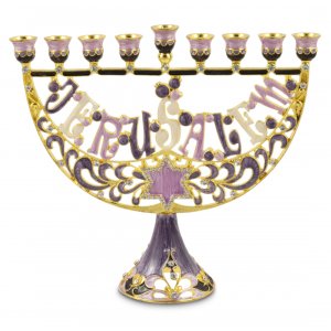 Enamel Menorah with Star of David & Jerusalem, Gold and Purple - For Decoration