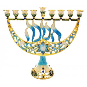 Enamel Menorah with Star of David & Chanukah, Gold & Light Blue - For Decoration