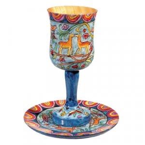 Yair Emanuel Hand Painted Wood Stem Kiddush Cup and Plate - Oriental Forest