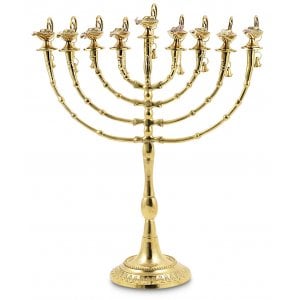 7-Branch Menorah, Golden Brass with Decorative Aladdin Lamp and Bell - 16”