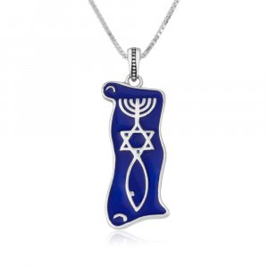 Sterling Silver Pendant Necklace, Blue Enamel - Menorah Star and Fish Symbol