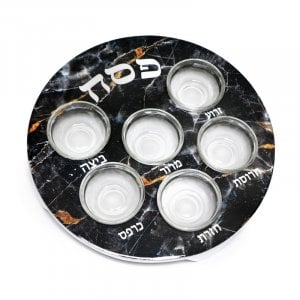 Pesach Passover Seder Plate with Six Glass Bowls - Black Gold Marble Design
