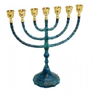 Seven Branch Menorah, Green Blue Patina with Gold Cups - 12"