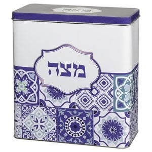 Decorative Matzah Tin with Lid – Blue Patchwork Design