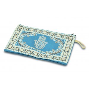 Embroidered Fabric Large Purse or Wallet, Decorative Hamsa - Teal and Gold