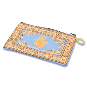 Embroidered Fabric Large Purse or Wallet, Decorative Hamsa - Gold and Blue