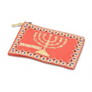 Embroidered Fabric Large Purse or Wallet, Seven Branch Menorah Design - Red