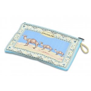 Embroidered Fabric Purse or Wallet, Jerusalem Camel Design - Light Blue
