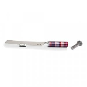 Yair Emanuel Challah Knife with Mini Salt Shaker and Stand - Maroon Shades Bands