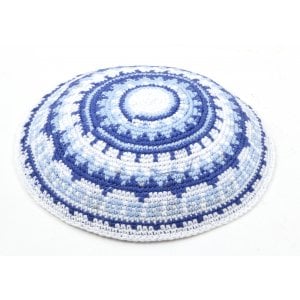 Hand Knitted Premium DMC Cotton Kippah - Blue and White Stripes