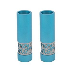 Yair Emanuel Small Shabbat Candlesticks, Silver Pomegranate Band - Turquoise
