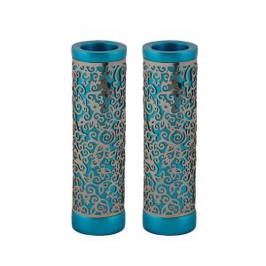 Yair Emanuel Cylinder Candlesticks, Floral Pomegranate Overlay - Turquoise