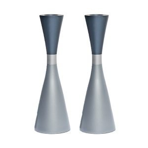 Yair Emanuel Large Cone Shaped Candlesticks with Band - Two Tone Gray