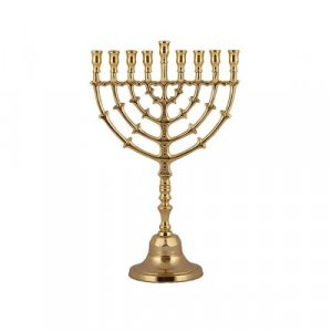 Yair Emanuel, Gold Brass Stem Chanukah Menorah, Leaf Design - 13.5" Height
