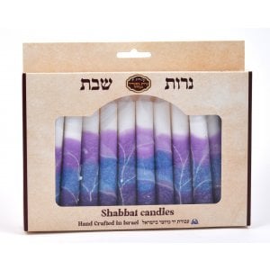 Decorative Handmade Galilee Shabbat Candles - Purple Blue and White with Streaks