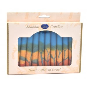 Decorative Handmade Galilee Shabbat Candles - Orange, Blue, Yellow with Streaks