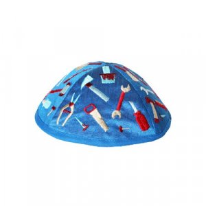 Yair Emanuel Kippah for Children – Embroidered Tools on Blue