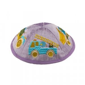 Yair Emanuel Kippah for Children – Embroidered Colorful Trucks on Lilac