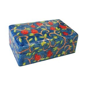 Yair Emanuel Hand Painted Wood Jewelry Box - Red Pomegranates on Blue
