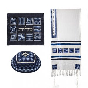 Yair Emanuel Tallit Kippah and Bag Set, Embroidered Squares and Shapes – Blue