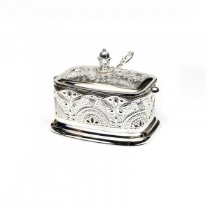 Rectangle Honey Dish with Elaborate Flower and Leaf Design - Lid and Spoon