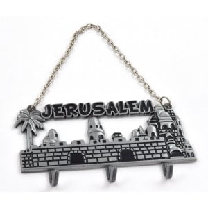 Wall Key Hanger with Chain, Jerusalem Landscape - Silver Pewter
