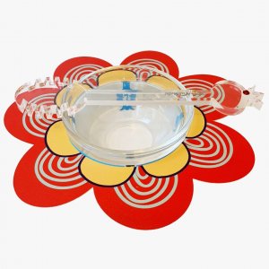Dorit Judaica Flower Shaped Honey Dish, Glass Bowl and Spoon - Red and Mustard