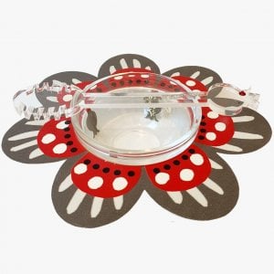 Dorit Judaica Flower Shaped Honey Dish with Glass Bowl and Spoon - Red and Gray