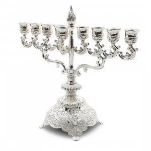Decorative Silver Chanukah Menorah, Filigree Engraving Flame Design - 11.4" High
