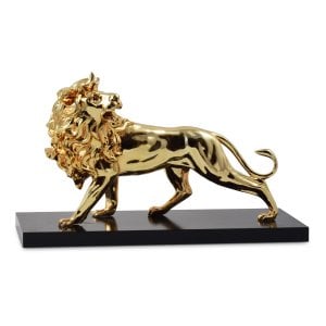 Powerful Lion of Judah Figurine on Wood Base - Gold with Dark Gold Accents