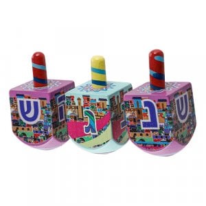 Colorful Wood Dreidel with Lively Colors - Nes Gadol Hayah Sham