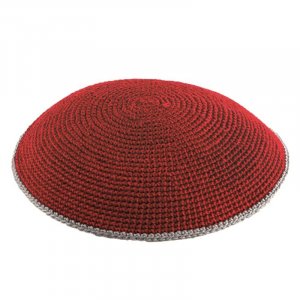 Red DMC Knitted Kippah with Gray Border