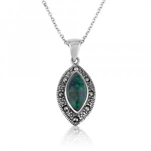 Sterling Silver Necklace with Tear Shape Eilat Stone Pendant in Marcasite Frame
